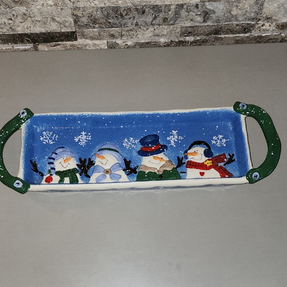 St Nicholas Square Festive Snowman Serving Tray with Green Handles